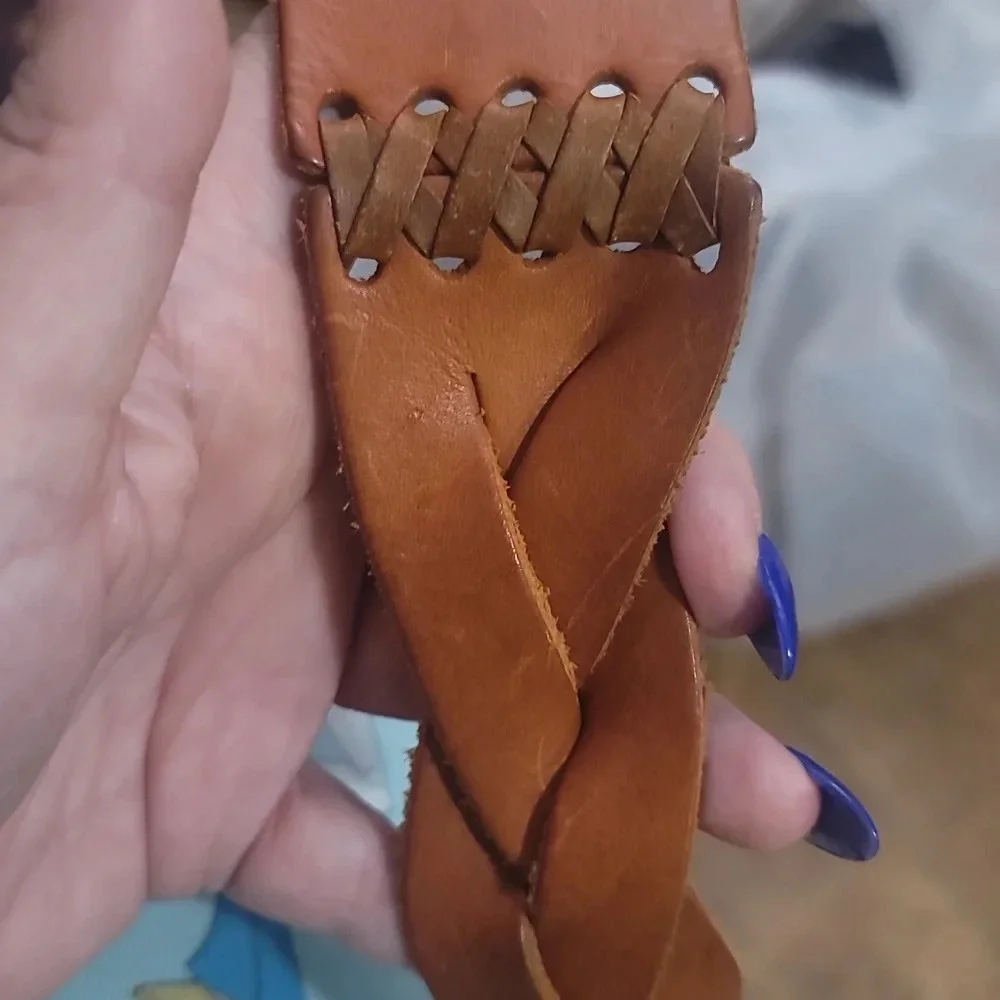 Leather braided whipstitch belt brown tan cognac vintage - Picture 5 of 5
